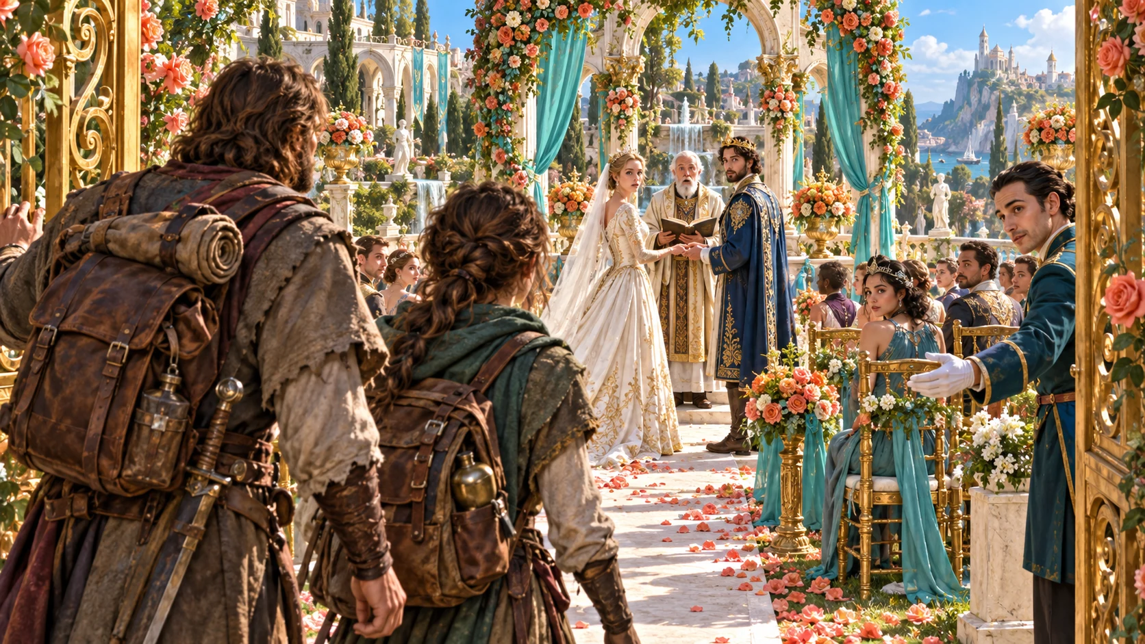 Illustrative adventurers arriving at a fantasy wedding already in progress.
