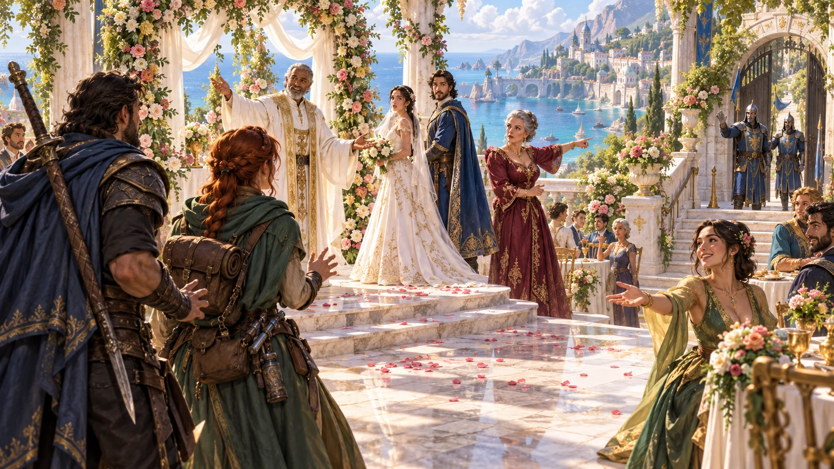 Illustrative wedding scene showing reactions, an open exit and choices for arriving adventurers.